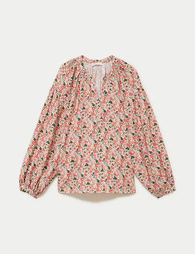 Blouse ample col v manches longues blanc femme