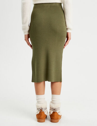 Jupe tricot midi droite vert kaki femme