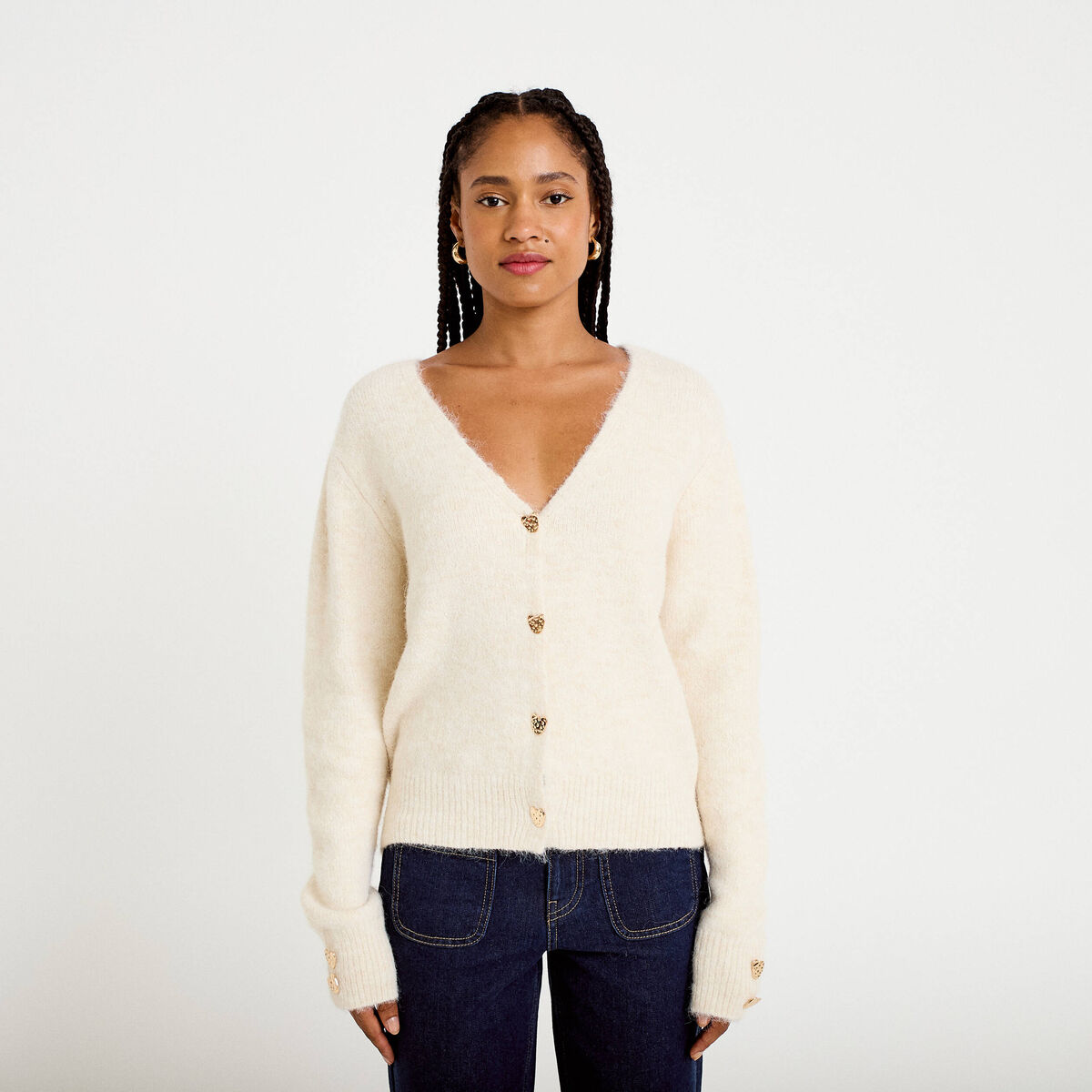 Gilet court avec boutons coeur sable femme