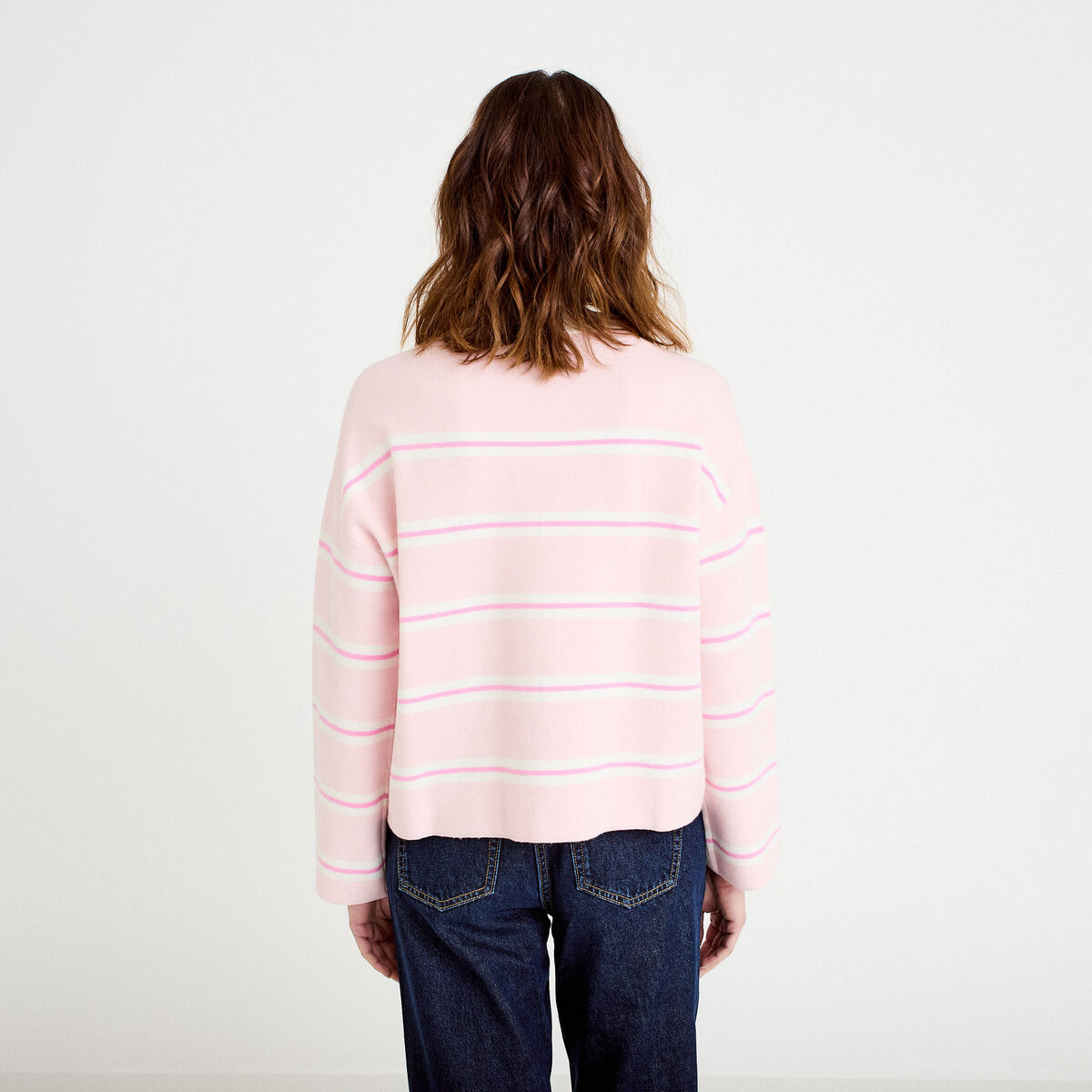 Polo manches longues col chemise rose poudr&eacute;e femme