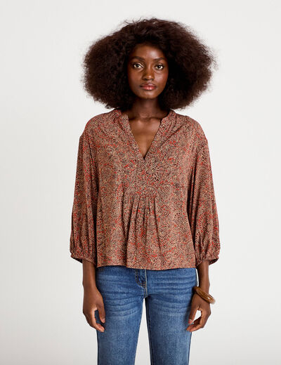 Blouse col v manches longues rouge fonc&eacute; femme