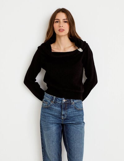 Pull col bardot manches longues noir femme