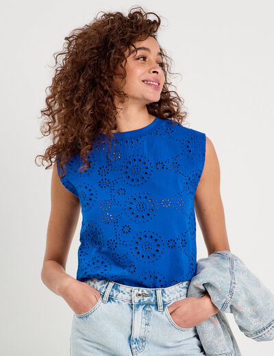 T-shirt sans manches brodé bleu electrique femme