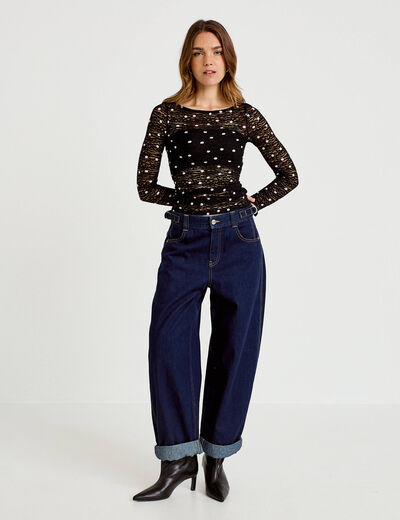 Top dentelle pliss&eacute; col bateau noir femme