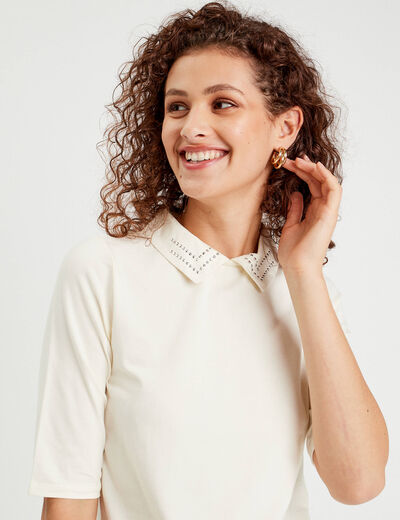 T-shirt col bijoux ecru femme