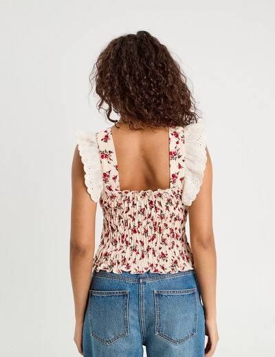 Débardeur smocké brodé blanc femme