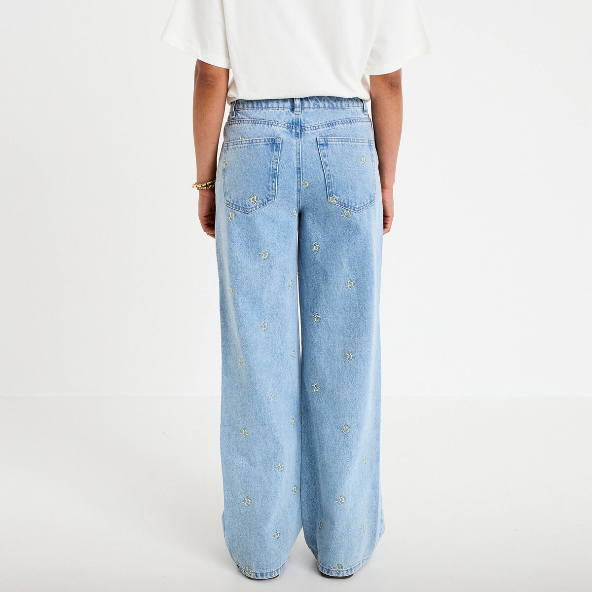 Jean wide leg taille haute brod&eacute; bleu femme