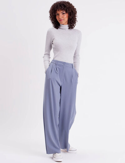 Pull col roulé côtelé gris clair femme
