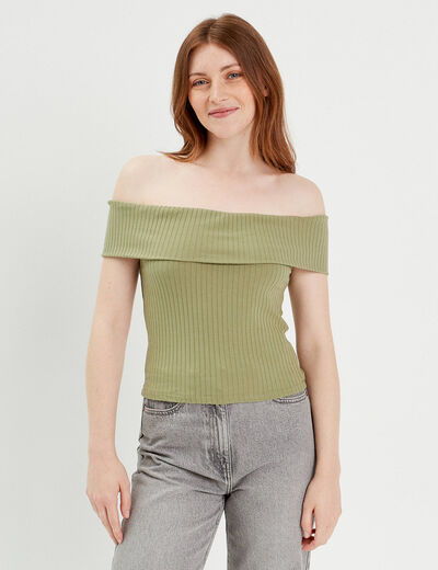 T-shirt manches courtes côtelé vert kaki femme