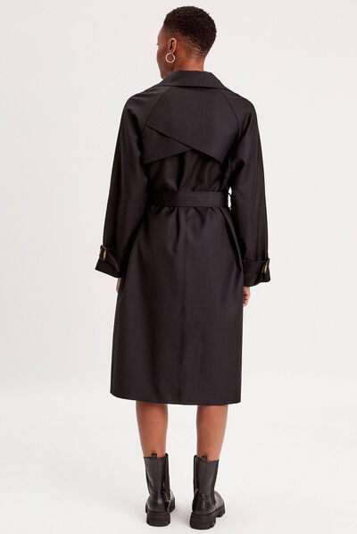 Trench long cintré ceinturé noir femme