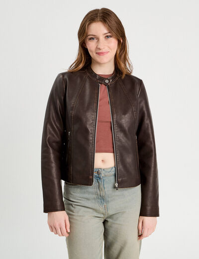 Veste ajustée simili cuir marron foncé femme