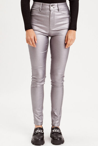 Pantalon skinny métallisé gris argent femme