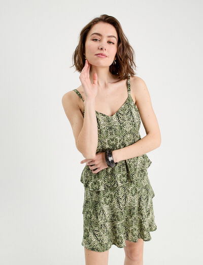 Robe évasée volants vert kaki femme