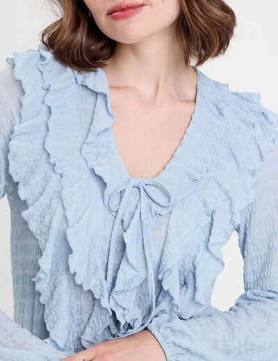Blouse manches longues aspect dentelle bleu clair femme