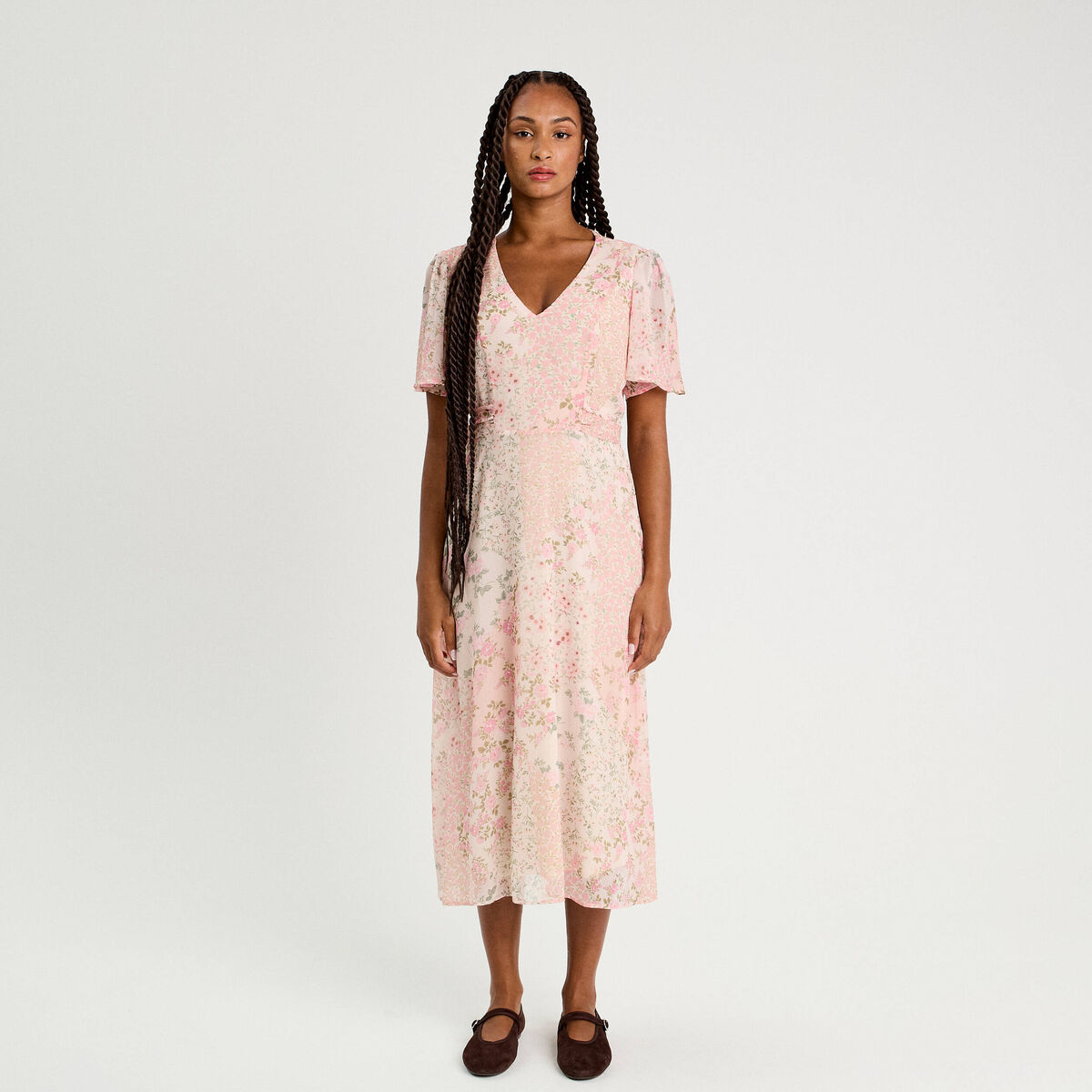 Robe midi évasée col en V rose pastel femme