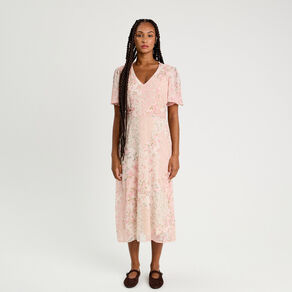 robe midi evasee col en v rose pastel femme Robe midi évasée col en V rose pastel femme