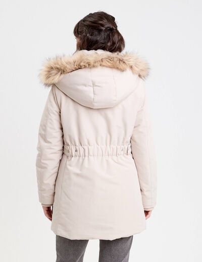 Parka &agrave; capuche fausse fourrure ecru femme