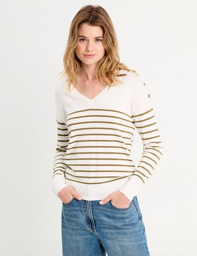 Pull manches longues col en V vert olive femme
