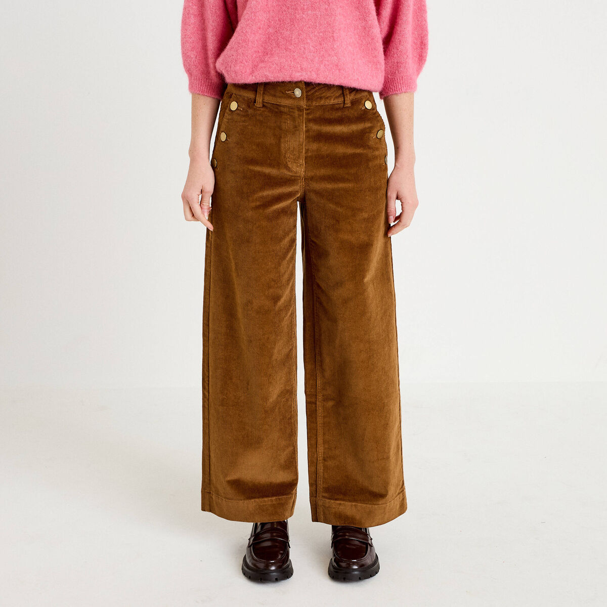 Pantalon bootcut taille haute velours marron femme