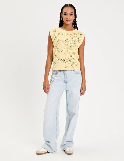 T-shirt sans manches brodé jaune clair femme