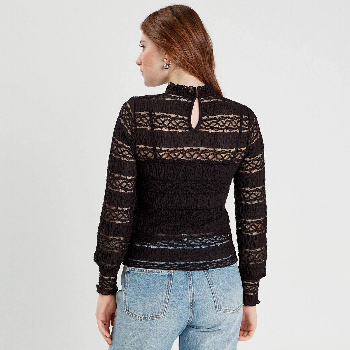 Blouse dentelle col montant noir femme