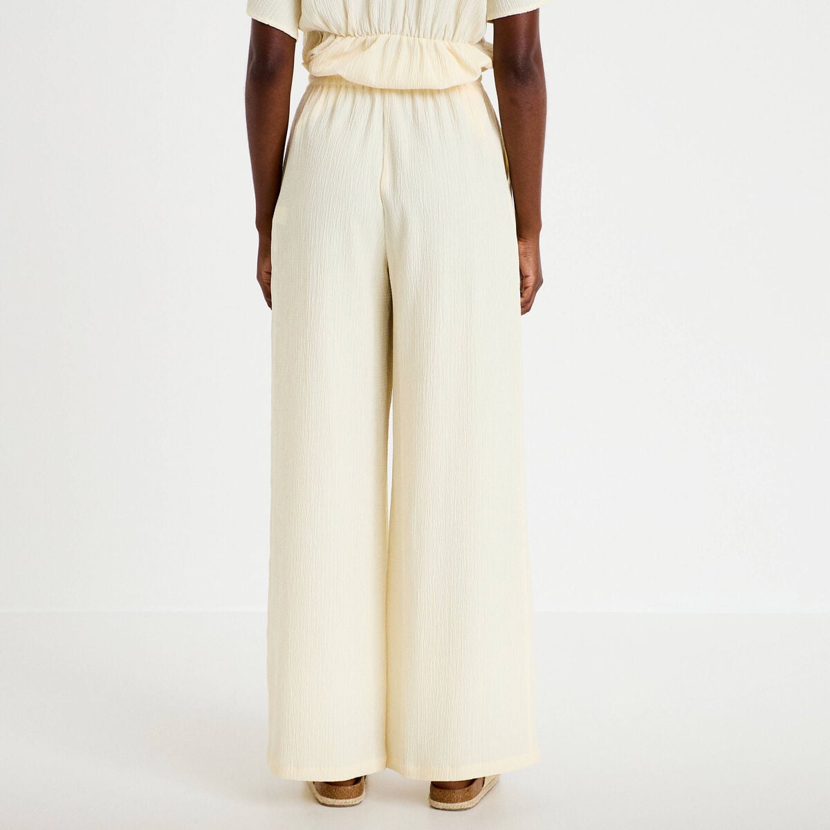 Pantalon large fluide taille haute ecru femme