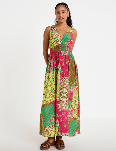 Robe longue &eacute;vas&eacute;e effet satin&eacute;e vert femme