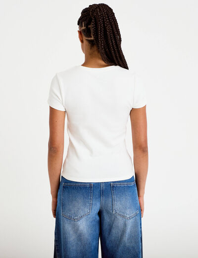 T-shirt cintr&eacute; col rond manches courtes ecru femme