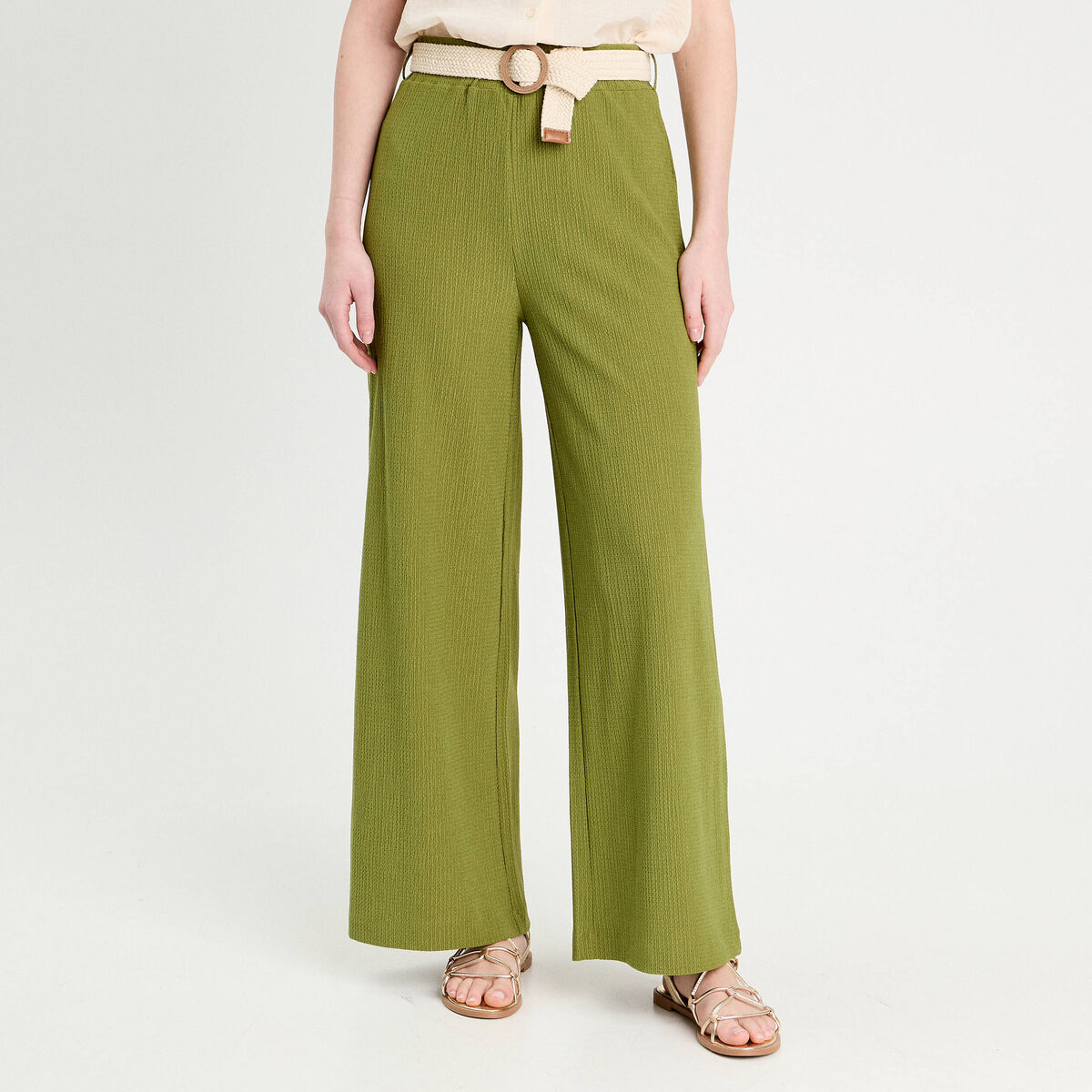 Pantalon large fluide ceinturé vert foncé femme