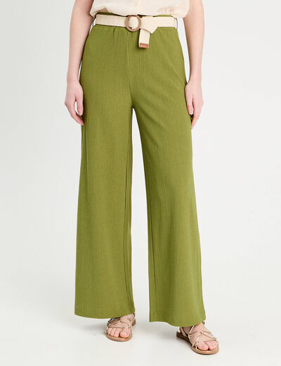 Pantalon large fluide ceinturé vert foncé femme