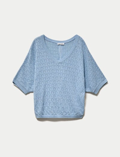 Pull ajour&eacute; col v manches courtes bleu ciel femme