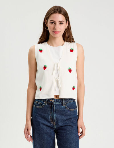 Gilet noué sans manches ecru femme