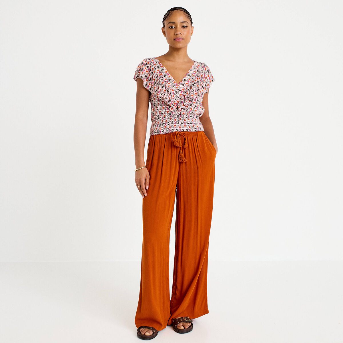 Pantalon large taille standard orange fonc&eacute; femme