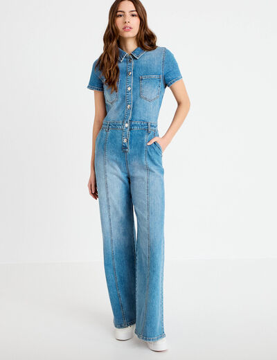 Combinaison manches courtes denim double stone femme