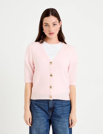 Gilet duveteux col v manches longues rose clair femme