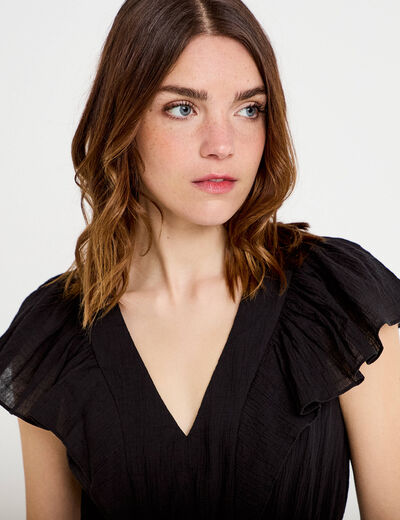 Robe courte &eacute;vas&eacute;e col v manches courtes noir femme