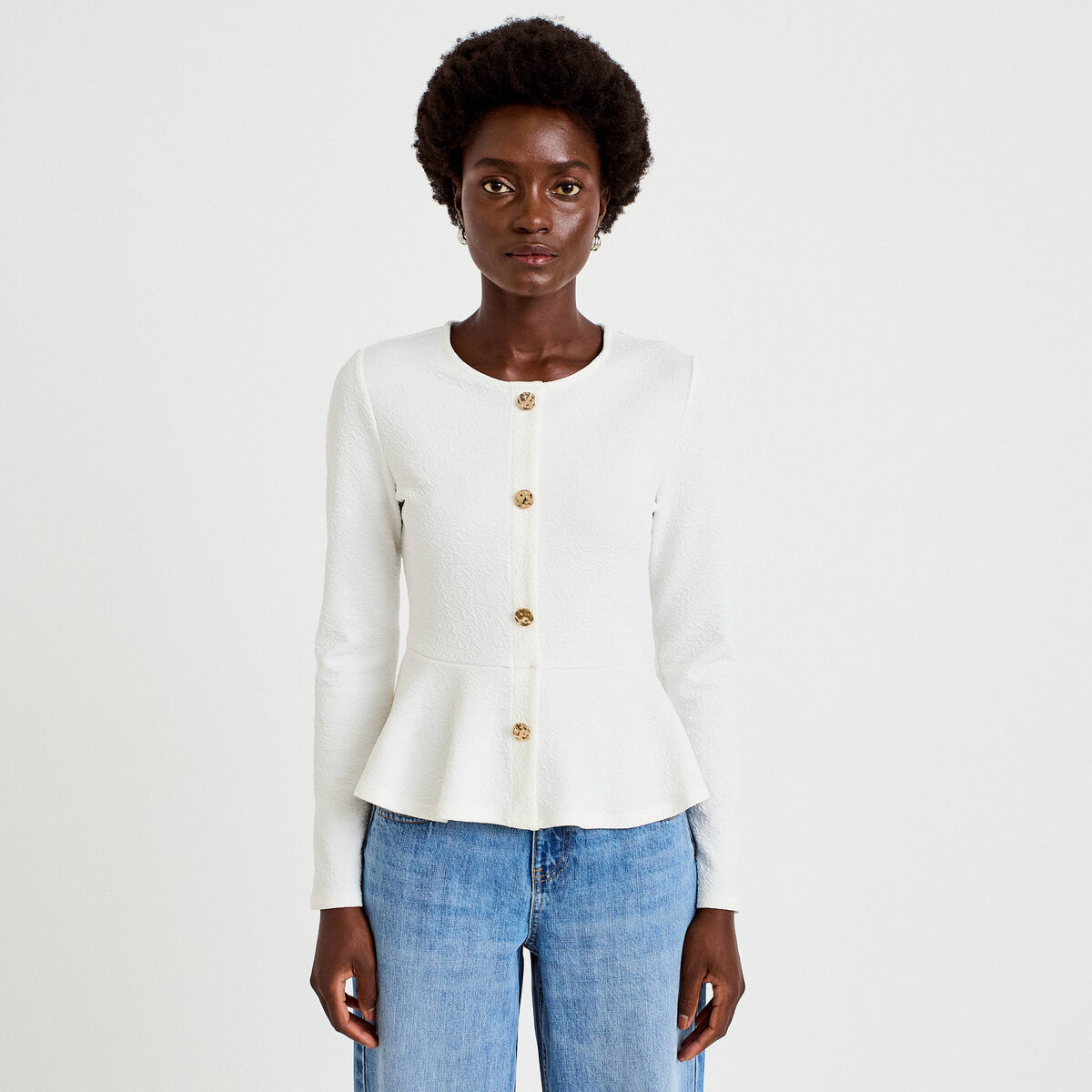 Top p&eacute;plum ajust&eacute; manches longues ecru femme