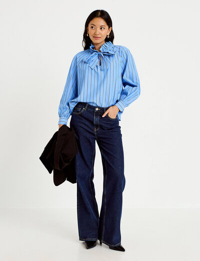 Blouse ample col montant manches longues bleu femme