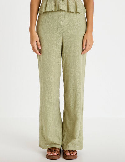 Pantalon large taille haute vert kaki femme