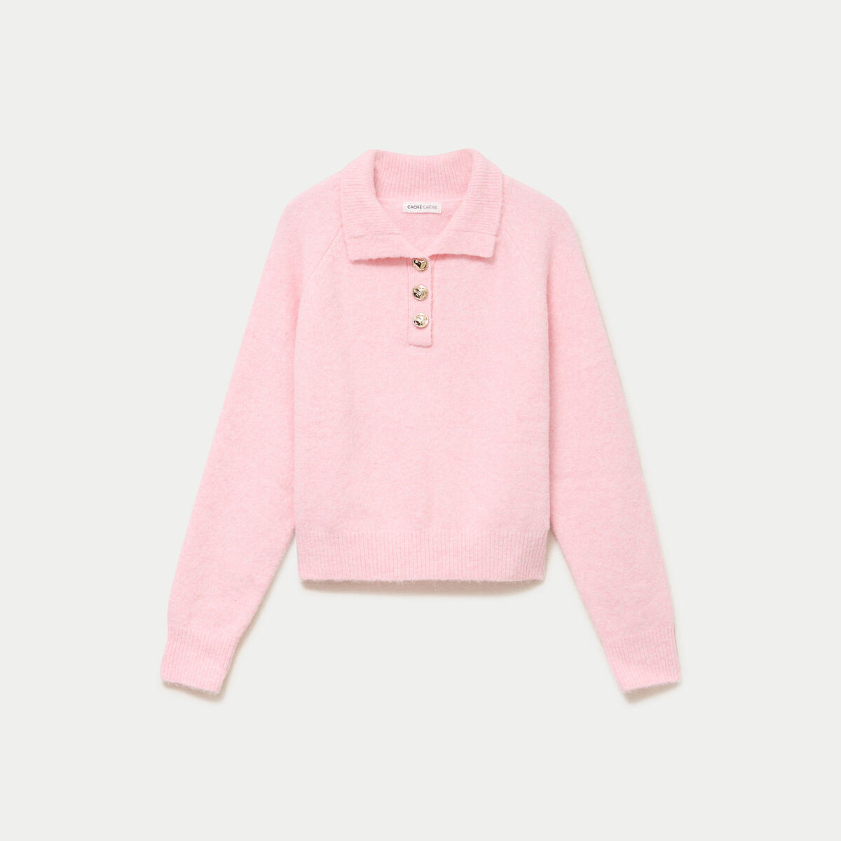 Polo manches longues col chemise rose clair femme