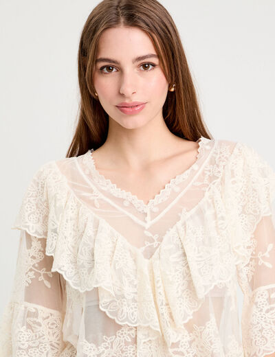 Blouse manches 3/4 dentelle ecru femme