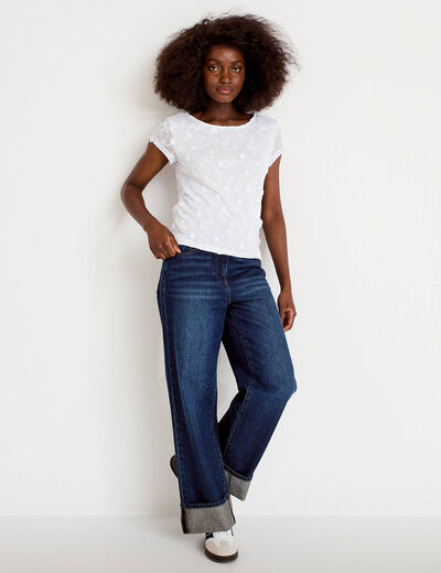 T-shirt ajust&eacute; col rond dentelle blanc femme