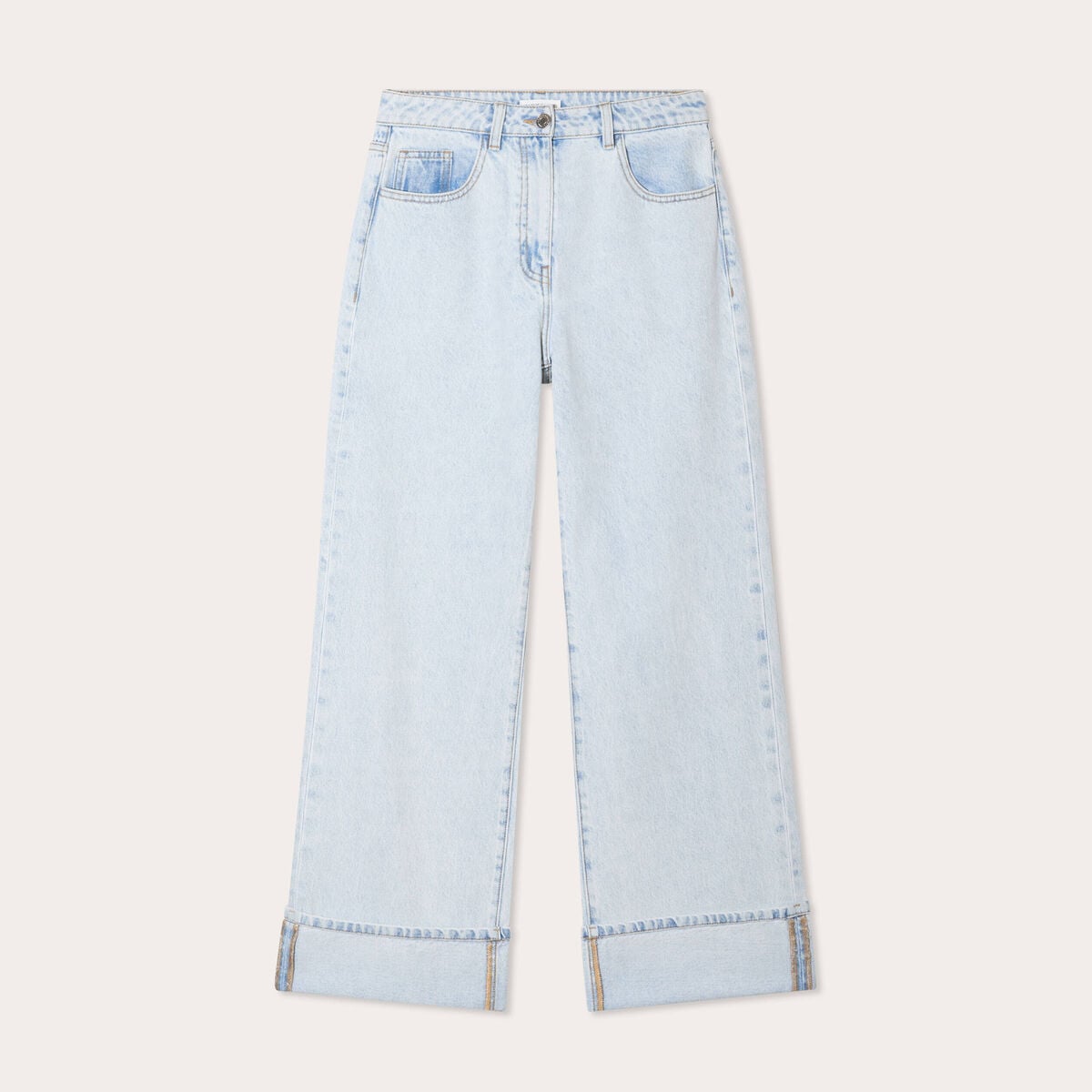 Jeans droit &agrave; revers denim bleach femme