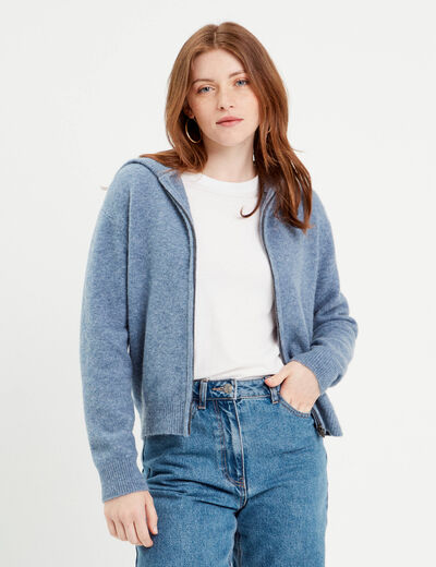 Gilet manches longues capuche bleu femme