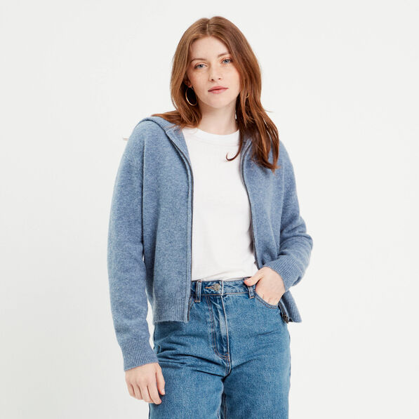 Gilet manches longues capuche bleu femme