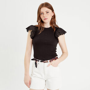 T-shirt manches courtes côtelé noir femme