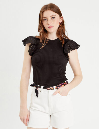 T-shirt manches courtes côtelé noir femme