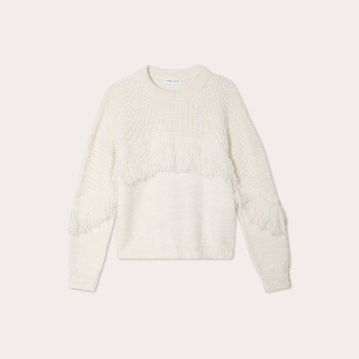 Pull avec franges ecru femme