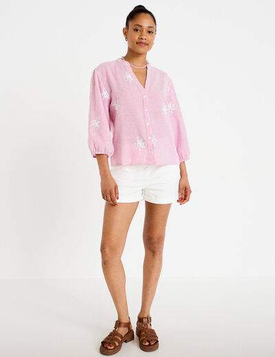 Blouse col tunisien rose femme