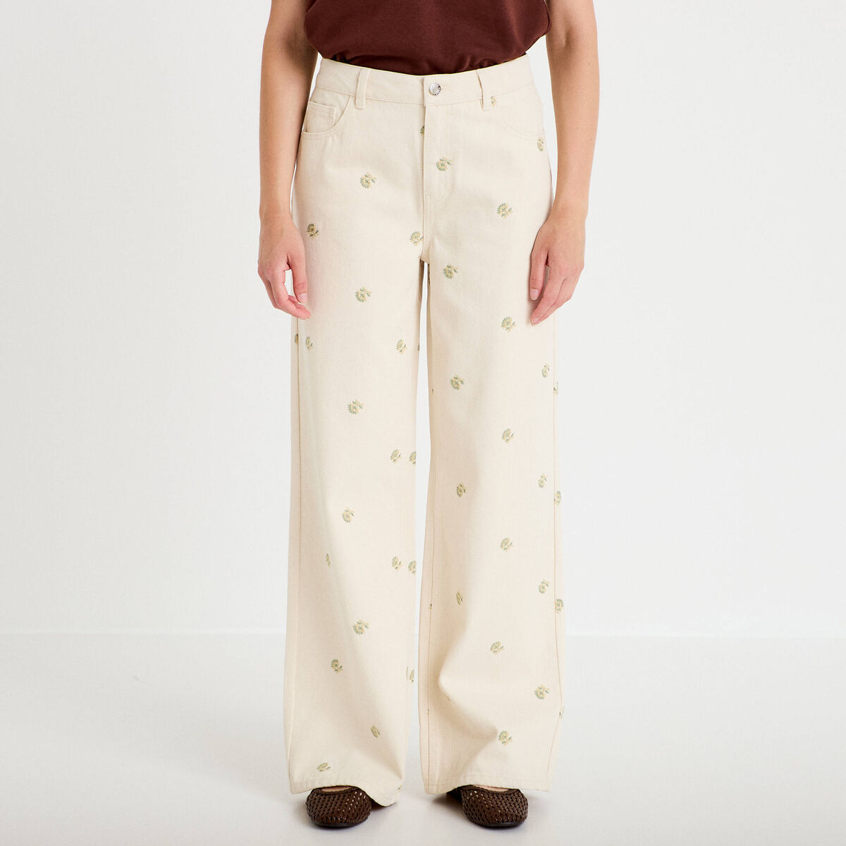 Jean wide leg taille haute brod&eacute; denim blanc femme